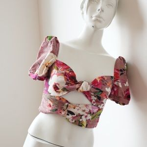 PRIVACY PLEASE Cropped Tie Front Top in Pink Floral, Size Small, linen